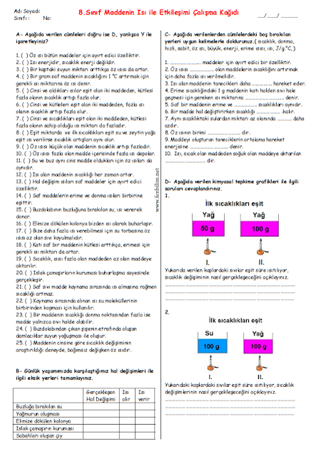 8.Sınıf Maddenin Isı ile Etkileşimi Çalışma Kağıdı