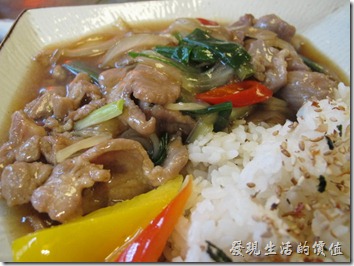 台南-奉茶。這是「蔥爆豬肉燴飯」，NT250。豬肉還蠻鮮嫩的，有一定的水準。因為是較便宜的商業午餐，所以沒有配菜，就這樣一盤燴飯。