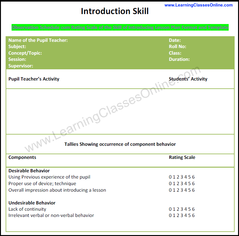 skill of introduction lesson plan format and template, how to introdcue lesson in class, micro skill of introduction notes pdf, micro teaching lesson plan format on introduction skill, components of skill of introduction in micro teaching,