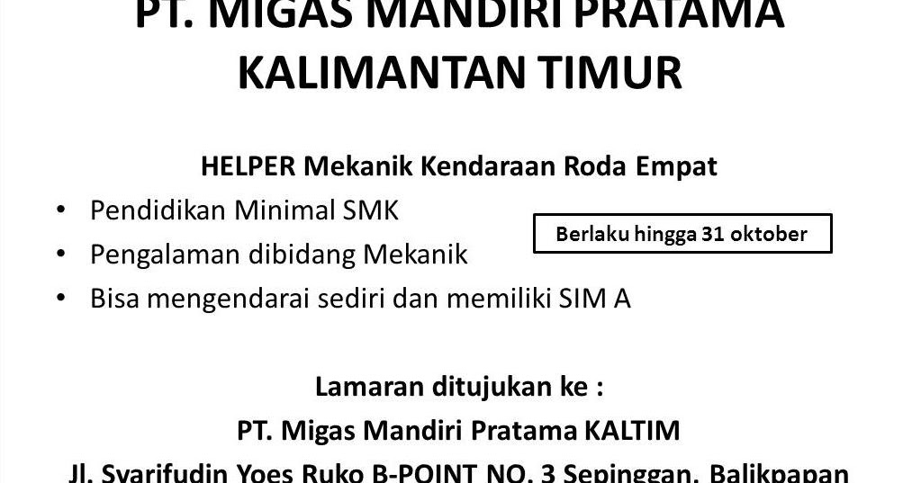 Lowongan Kerja Kota Balikpapan: Lowongan PT. MIGAS MANDIRI 