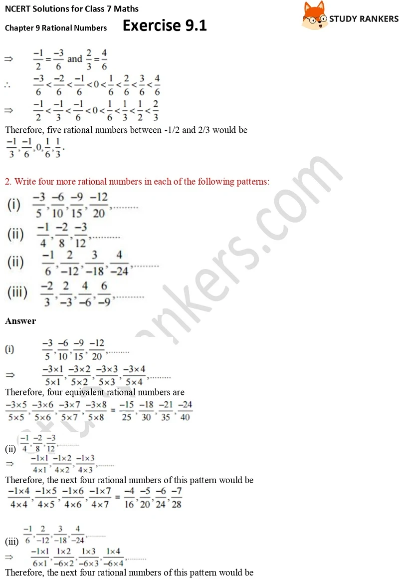 NCERT Solutions for Class 7 Maths Ch 9 Rational Numbers Exercise 9.1 2
