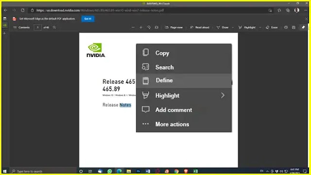 Microsoft Edge PDF mini menu with "Define" and more