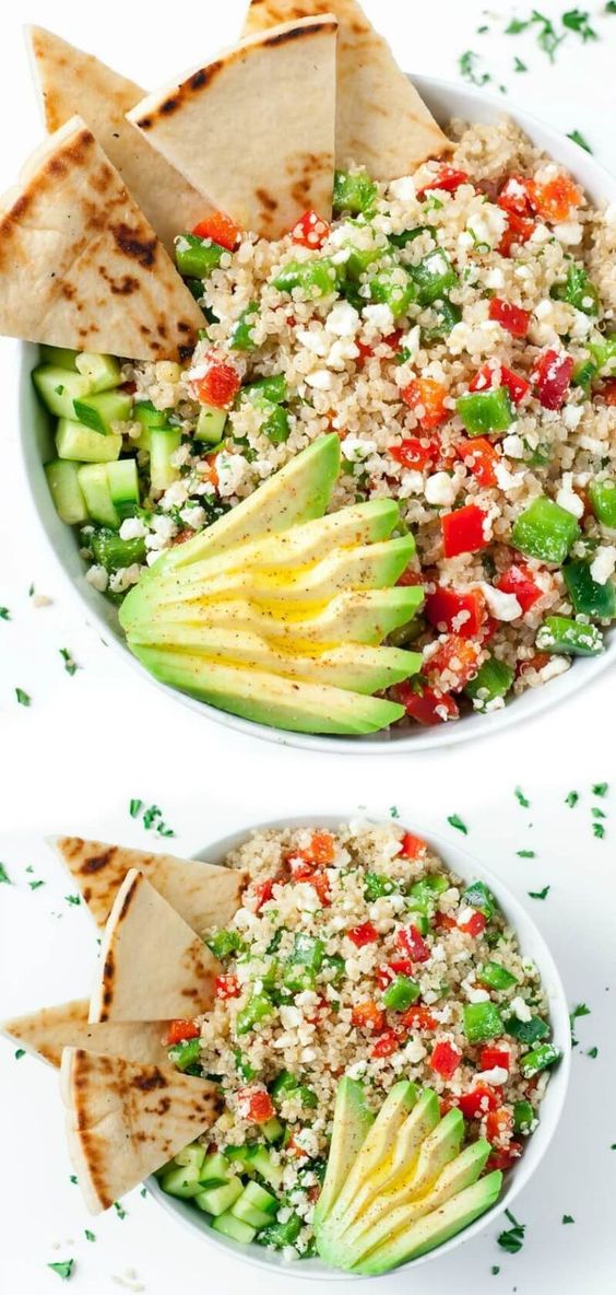 Loaded with fresh veggies and drizzled in a light homemade dressing, these tasty vegetarian Greek Quinoa Bowls make healthy eating a breeze!
