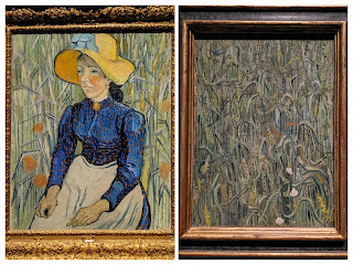 A peasant woman with a straw hat and a blue dress sits in a field of wheat in the painting on the left. On the right is a painting of a similar field of wheat.