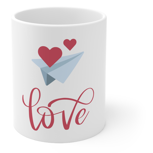 Valentine Ceramic Mug With Red Blue Illustrated Valentine's Day With Paper Plane and Hearts