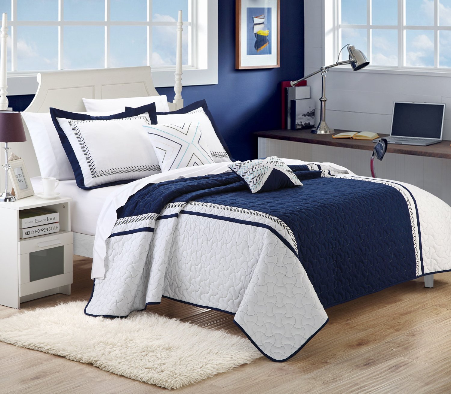  Navy  Blue  and White  Comforter and Bedding  Sets