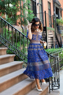 This Time Tomorrow Self-Portrait Blue Sheer Lace Midi Dress