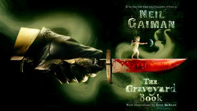 Wraparound cover to the Bloomsbury limited edition of 'The Graveyard Book' in shades of green with a toddler standing on a bloody knife held by a large gloved hand