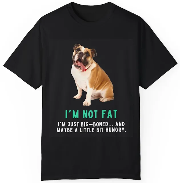 Unisex Garment Dyed Comfort Colors T-Shirt With Fat Pale Tan White Bulldog Leaving Tongue Out and Caption I’m Not fat, I’m Just Big-Boned… and Maybe a Little Bit Hungry