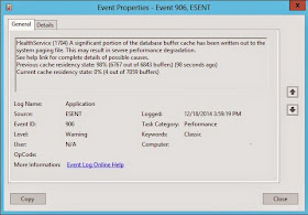 HealthService (1704) A significant portion of the database buffer cache has been written out to the system paging file. This may result in severe performance degredation. See help link for complete details of possible causes. Log Name: Application | Source: ESENT | Event ID: 906