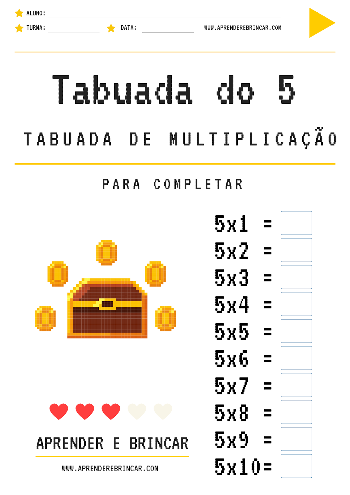 Tabuada de multiplicação do 5