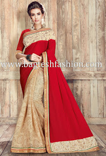 Grandiose Red And Beige Chiffon And Brasso Saree