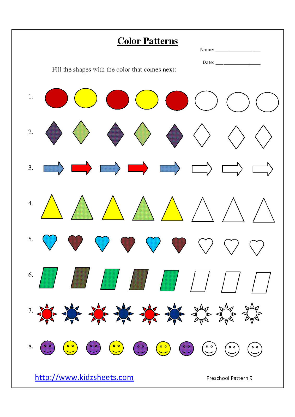 kindergarten worksheet patterns color for Preschoolers For Colors About Free Printable Worksheets