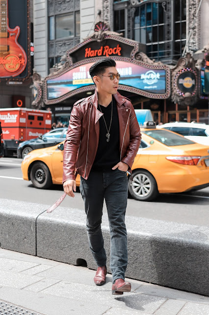 Leo Chan wearing Maroon Leather Jacket for Fall