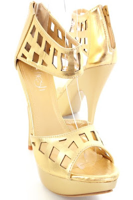 Gold Faux Leather Cut Out Open Toe Sandal Heels