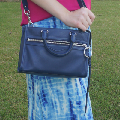 Rebecca Minkoff Micro Bedford zip satchel in twilight and tie dye maxi skirt | awayfromblue