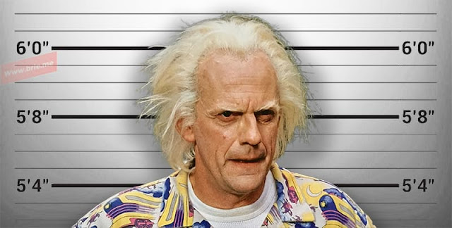Christopher Lloyd posing in front of a height chart background