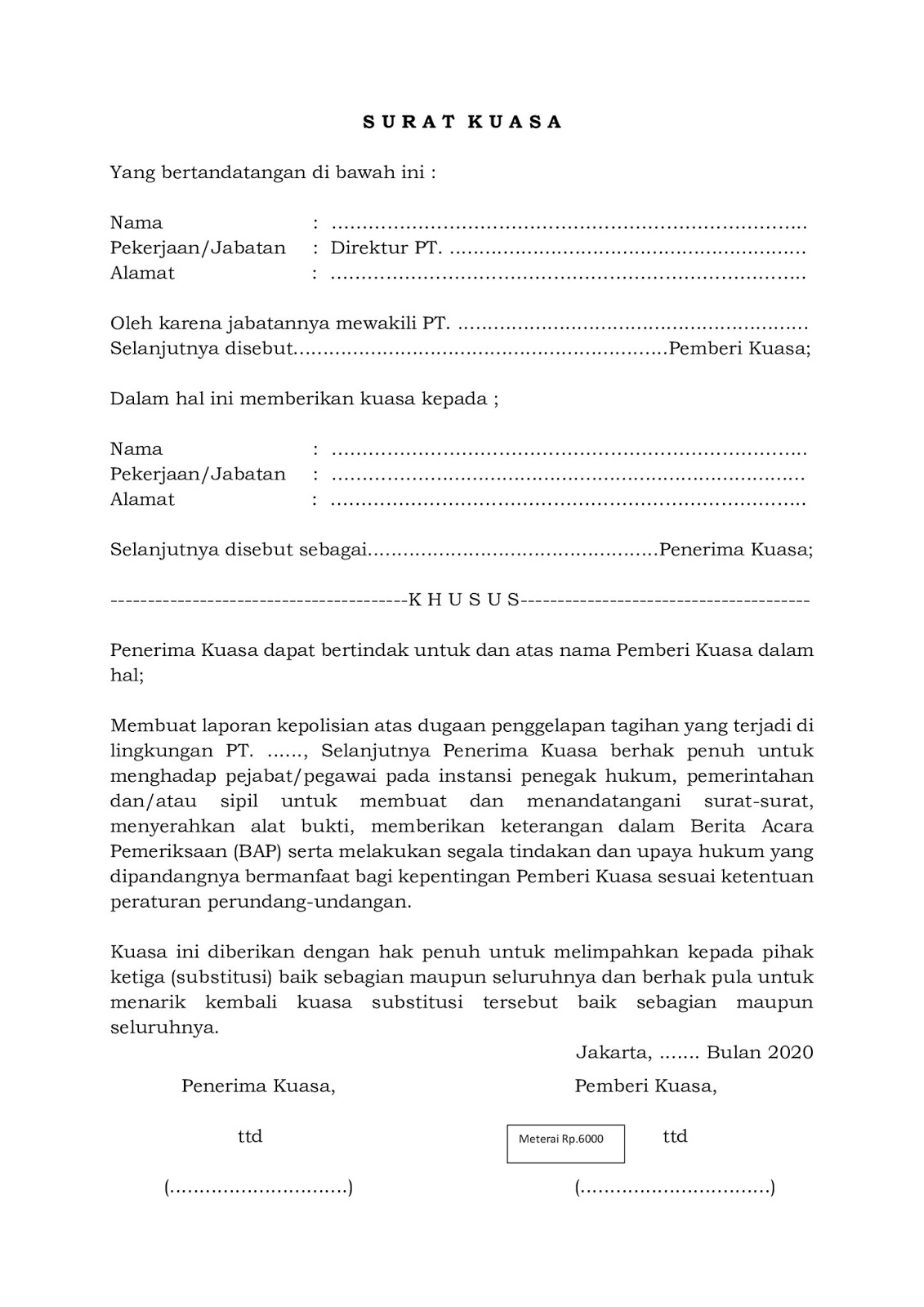 Contoh Surat Kuasa Substitusi Pengadilan Agama Contoh Lif Co Id