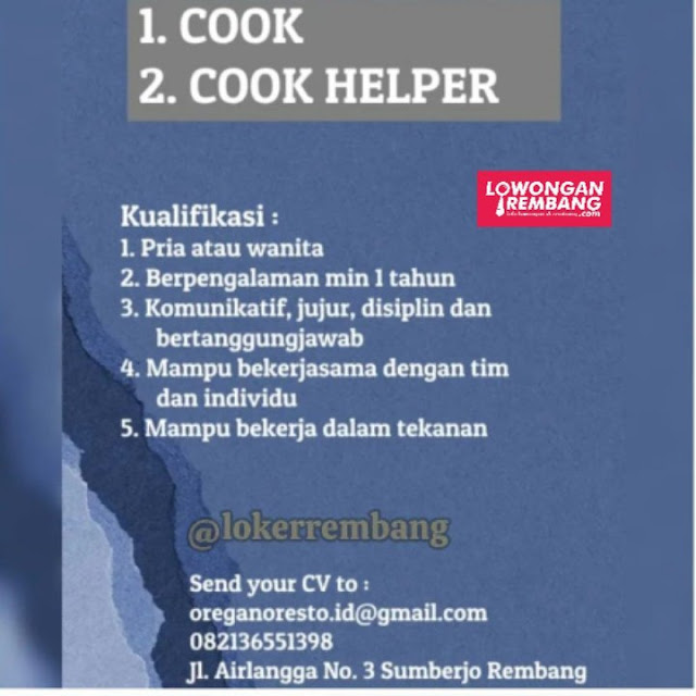 2 Lowongan Kerja Pegawai Cook dan Cook Helper Oregano Rembang Tanpa Syarat Ijazah