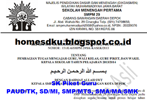 Contoh SK Piket Guru PAUD/TK, SD/MI, SMP/MTS, SMA/MA/SMK Dengan Format Word Terbaru 2016