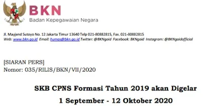 [SIARAN PERS] SKB CPNS Formasi Tahun 2019 akan Digelar 1 September - 12 Oktober 2020