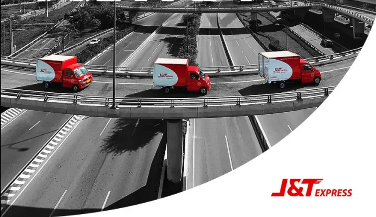 Caminhoes vermelhos e brancos da J&T Express sobre uma ponte