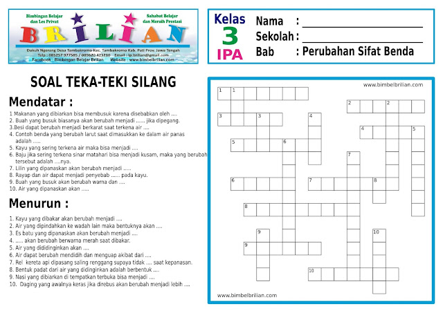 Soal Teka-Teki Silang ( TTS ) IPA SD Kelas 3 Bab 6 Perubahan Sifat Benda  