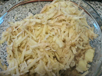 Roughly purée or finely chop about 1/3 to ½ of the grated potatoes.