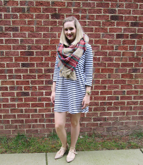 Striped dress from Tobi with plaid scarf and studded shoes.