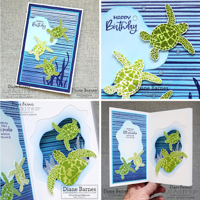 Sea Turtle themed shadow box fancy fold card using Stampin Up Sea Turtle, Paradise Palms and Whale Done stamp sets and Layering Diorama dies. Card Bt Di Barnes - Independent Demonstrator in Sydney Australia - colourmehappy - shadow box card - tutorial