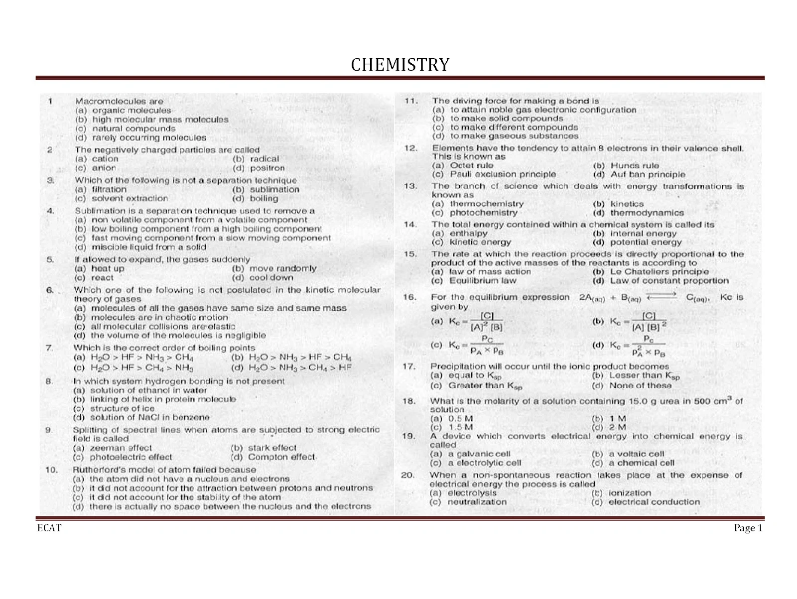 ECAT Past Tests/Papers of Chemistry