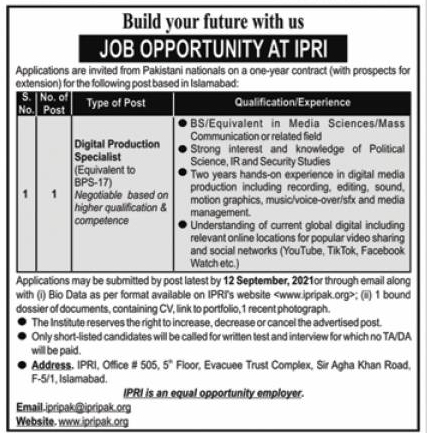    slamabad Policy Research Institute IPRI Jobs 2021 Latest Recruitment