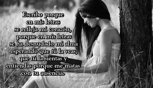 Escribo porque en mis letras se refleja mi corazón, porque en mis letras se ha desnudado mi alma esperando que tú la veas, que tú la sientas y entiendas porque me matas con tu ausencia.    Sé que mañana despertaré de nuevo intentando vivir, sé que mañana el mundo habrá dado otra vuelta, sé que mañana será otro de mis intentos fallidos por seguir la vida sin ti, una vida amarga, sin ilusiones ni motivos, sé que mañana te echaré de menos, sé que mañana será igual que tantos días, grises, sin color, sin ti..    Desde que escribo en mi blog, las noches son más cortas ... y los días más largos por la espera.