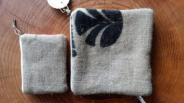 Upcycled Coffee Sack Burlap Zipper Pouches - handmade by Lina and Vi