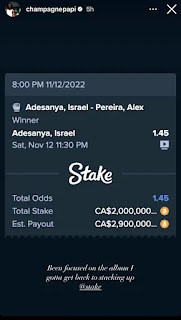 HOW MUCH DID DRAKE LOSE ON ISRAEL ADESANYA BET ?₦600M UFC