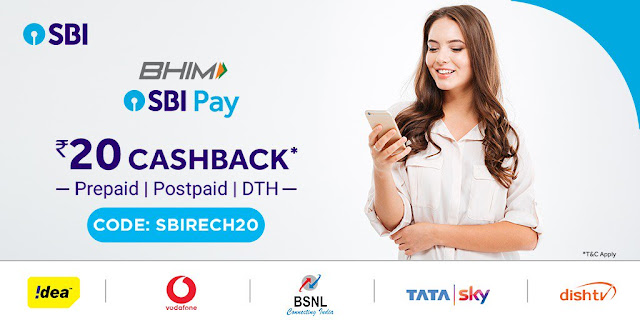 Get ₹20 Cashback on Prepaid/ Postpaid and DTH Recharges with SBI Pay App