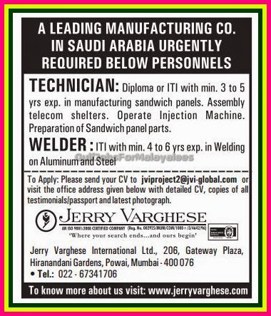 Leading Manufacturing co Job Vacancies for Saudi Arabia