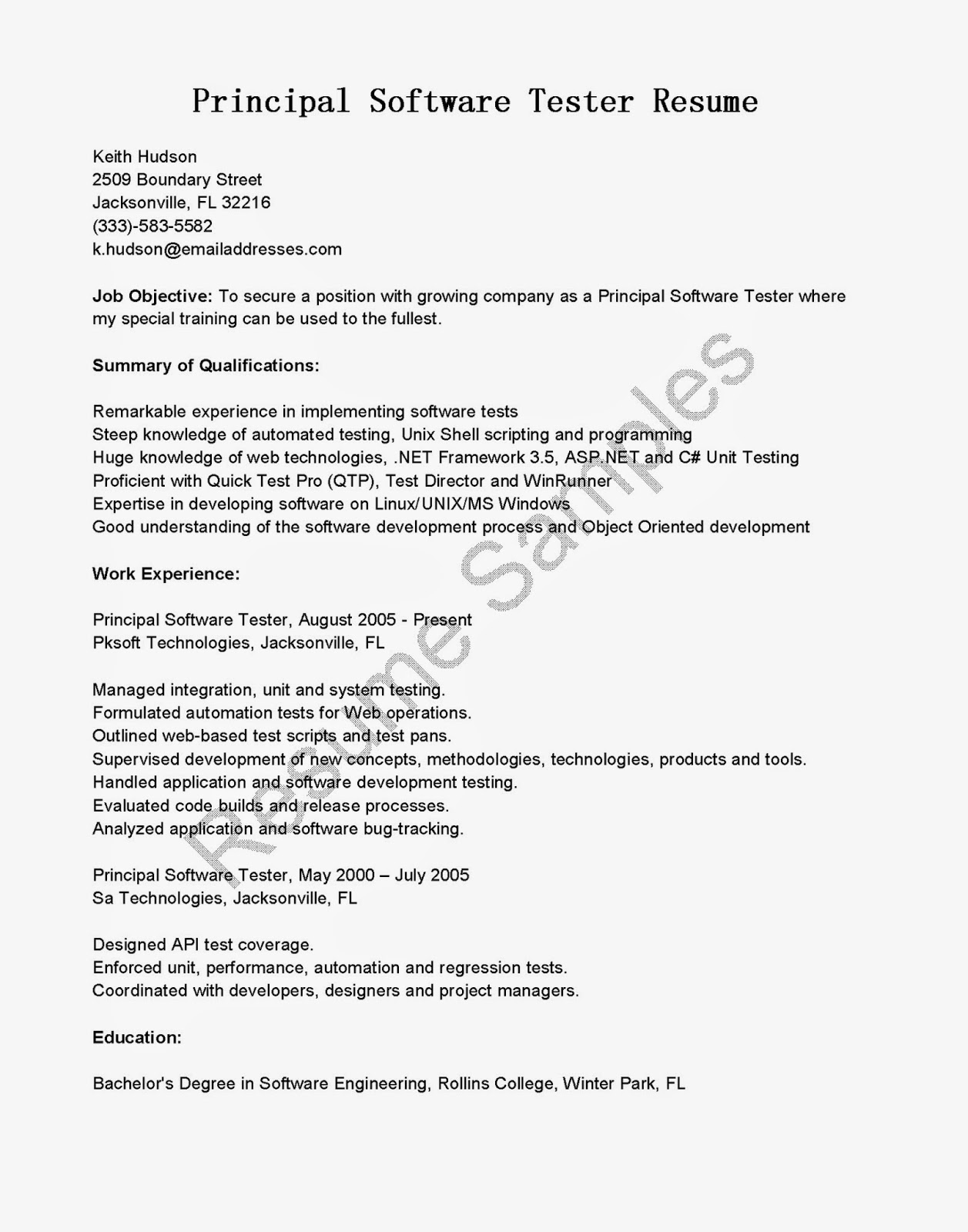 Principal Software Tester Resume Sample |Resume Samples