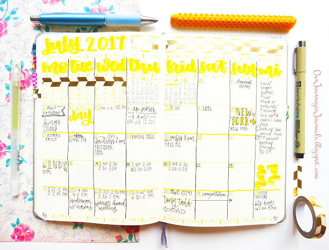 completed July bullet journal monthly spread