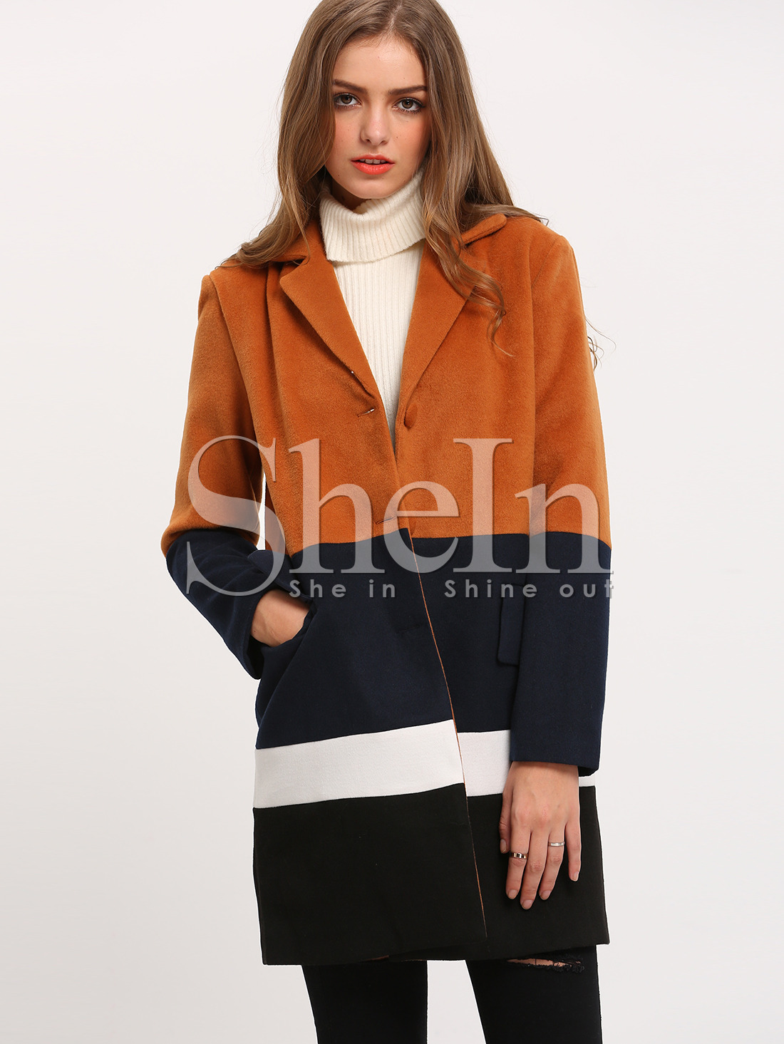  Brown Long Sleeve Lapel Color Block Coat