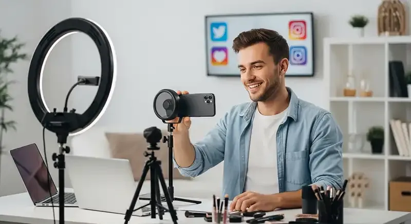 Young social media influencer creating content at home with phone and ring light, building an online brand to earn money.