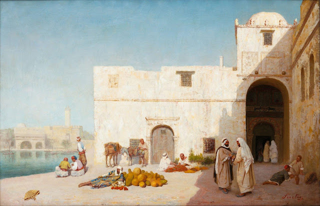 Marchand de légumes sur le port d'Alger - Joseph Sintes (Francais -1829-1913) - Huile sur toile - 50 x 70 cm
