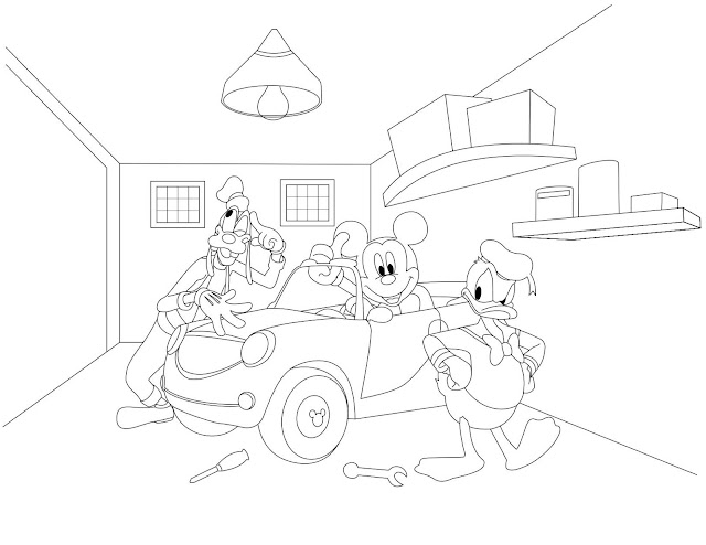 Mickey, Donald, Goofy in the garage coloring page