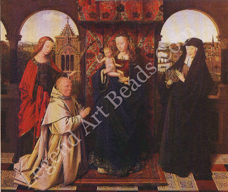 At the time of Van Eyck's death this painting of The Madonna with Jan Vos was left unfinished. It was completed in his style by one of his followers, Petrus Christ us. 