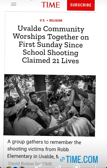 screenshot of Time article with photo by David Butow showing a group gathering to remember the shooting victims from Robb Elementary in Uvalde, May 27, 2022