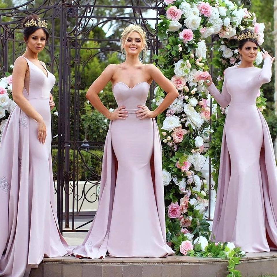  New Mermaid Bridesmaid Dresses | Long Sleeves Wedding Party Dresses with Overskirt