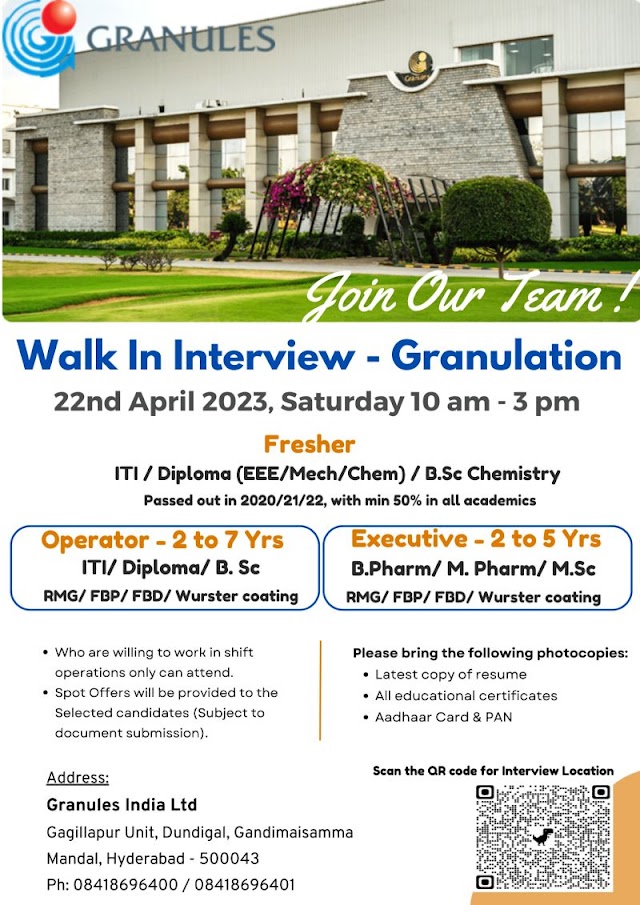 Granules India Limited | Walk-in interview for Freshers and Experienced on 22nd April 2023