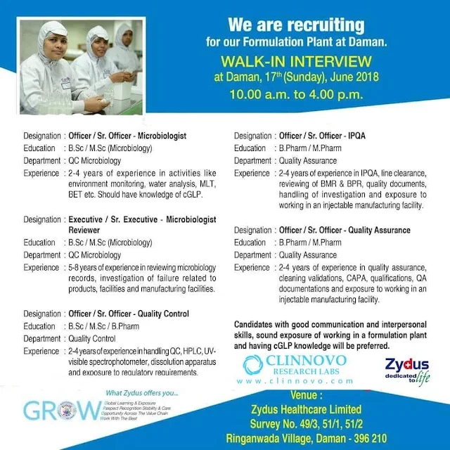 Zydus recruiting for Formulation plant