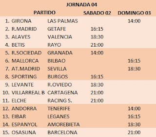 Horarios de la jornada 4 de la quiniela de futbol de España