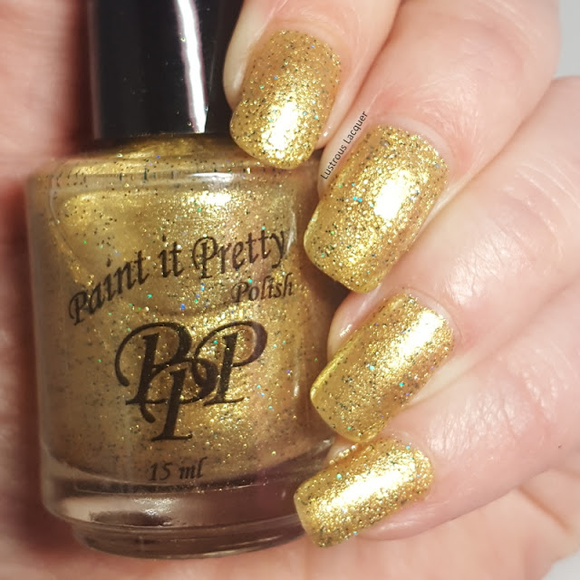 Yellow gold nail polish with green micro glitter